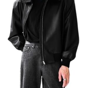Men's Black Faux Leather Bomber Jacket With Front Zip Closure For Casual Or Semi Formal Look