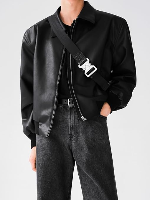 Men's Black Faux Leather Bomber Jacket With Front Zip Closure For Casual Or Semi Formal Look - Image 2