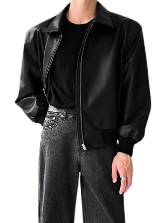 Men's Black Faux Leather Bomber Jacket With Front Zip Closure For Casual Or Semi Formal Look - Image 4